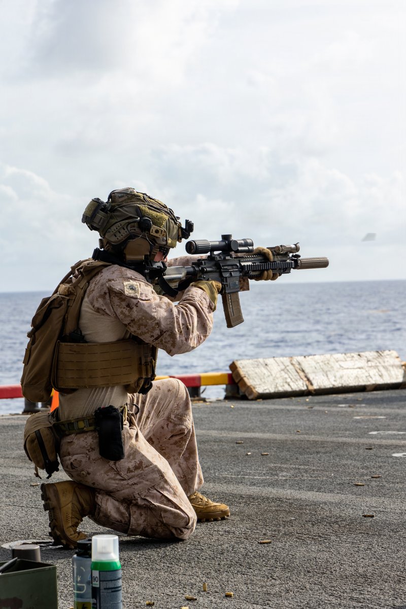 USMC's tweet image. #Marines with @22nd_MEU execute a live-fire range aboard @USNavy Wasp-class amphibious assault ship USS Iwo Jima (LHD 7), while underway in the Caribbean Sea.

U.S. military forces are deployed to the Caribbean in support of the @Southcom mission, @deptofwar-directed operations,