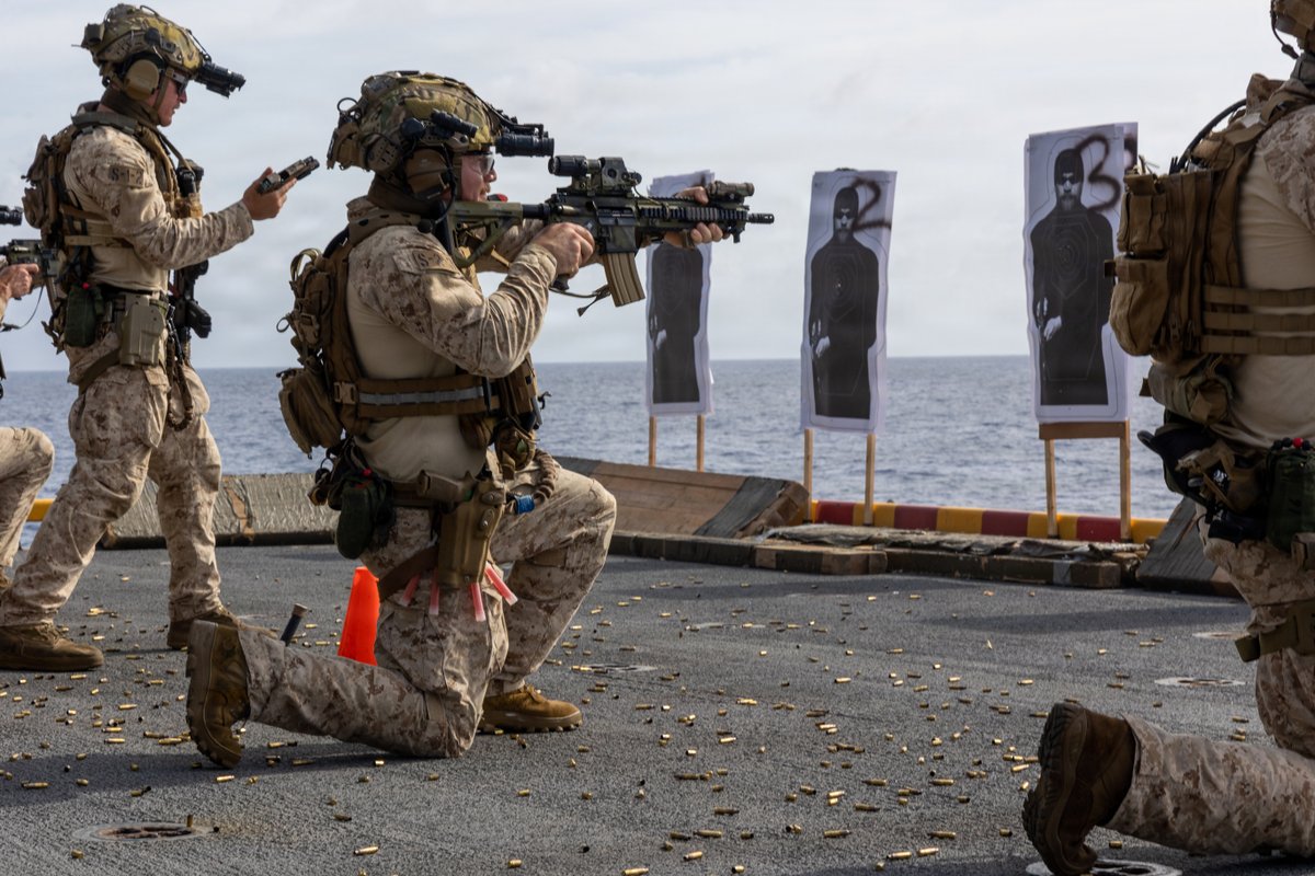 USMC's tweet image. #Marines with @22nd_MEU execute a live-fire range aboard @USNavy Wasp-class amphibious assault ship USS Iwo Jima (LHD 7), while underway in the Caribbean Sea.

U.S. military forces are deployed to the Caribbean in support of the @Southcom mission, @deptofwar-directed operations,