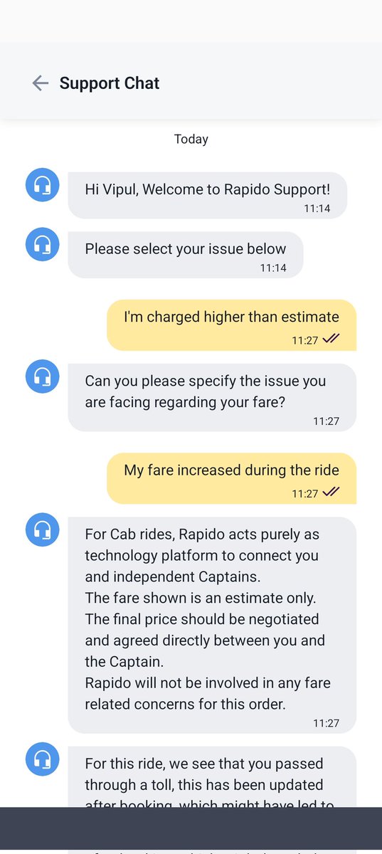 actuallyvipul's tweet photo. @rapidobikeapp I was shown a fare of 635 and the end fare was 875. How? You mentioned there was a toll when there was none. Driver also acknowledged the same and he said you will need to connect with the company? Rapido has just degraded. Best to switch to #uber #bharatapp https://t.co/jgTgPeedjL