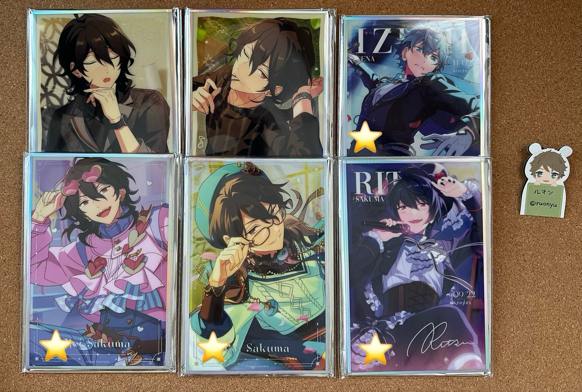 ruonyu's tweet photo. 【交換譲渡】あんスタ　中国　星夢色紙　招募

譲：司　泉　凛月　嵐　鉄虎　忍　零

求：各900（招募870 ）+送料、固定

▶︎郵送
▶︎交換譲渡共に招募は(前後)のセット
▶︎⭐️は🍀を同数（無くなり次第🐠）お迎え
▶︎キャラ毎優先 https://t.co/iWPQHCxlDI