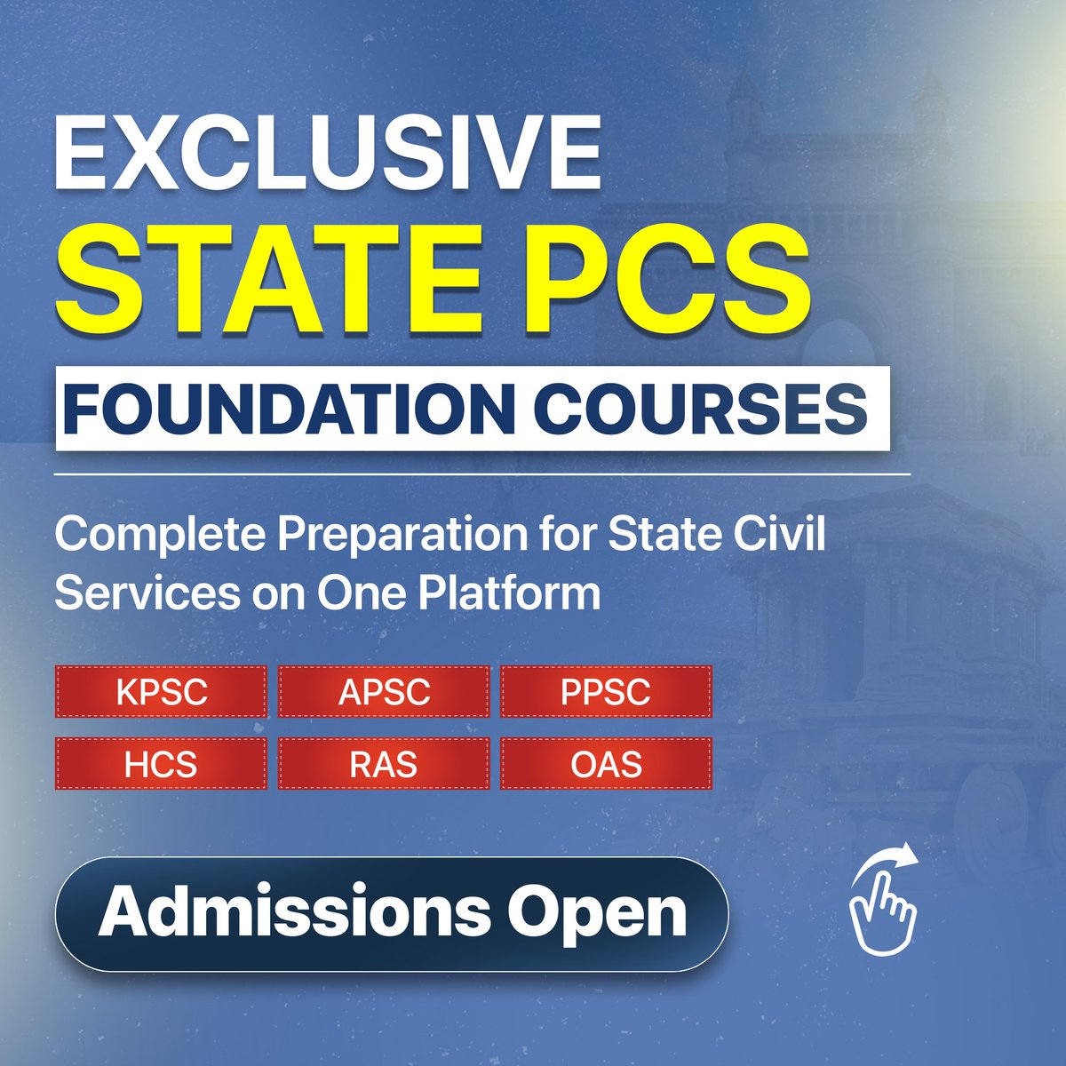 DrishtiPCS's tweet photo. One platform. Multiple State PCS exams.
.
Build your foundation the right way with a structured, exam-focused approach for Prelims + Mains.
Admissions are now open.
.
Link: https://t.co/2rjY9Mxqks
.
#StatePCS #PCSPreparation #StateCivilServices #KPSC #APSC #PPSC #HCS #RAS #OAS #PCS2026 #PrelimsAndMains #FoundationCourse #CivilServicesPrep #CompetitiveExams #Aspirants #ExamPreparation #StudySmart #AdmissionsOpen