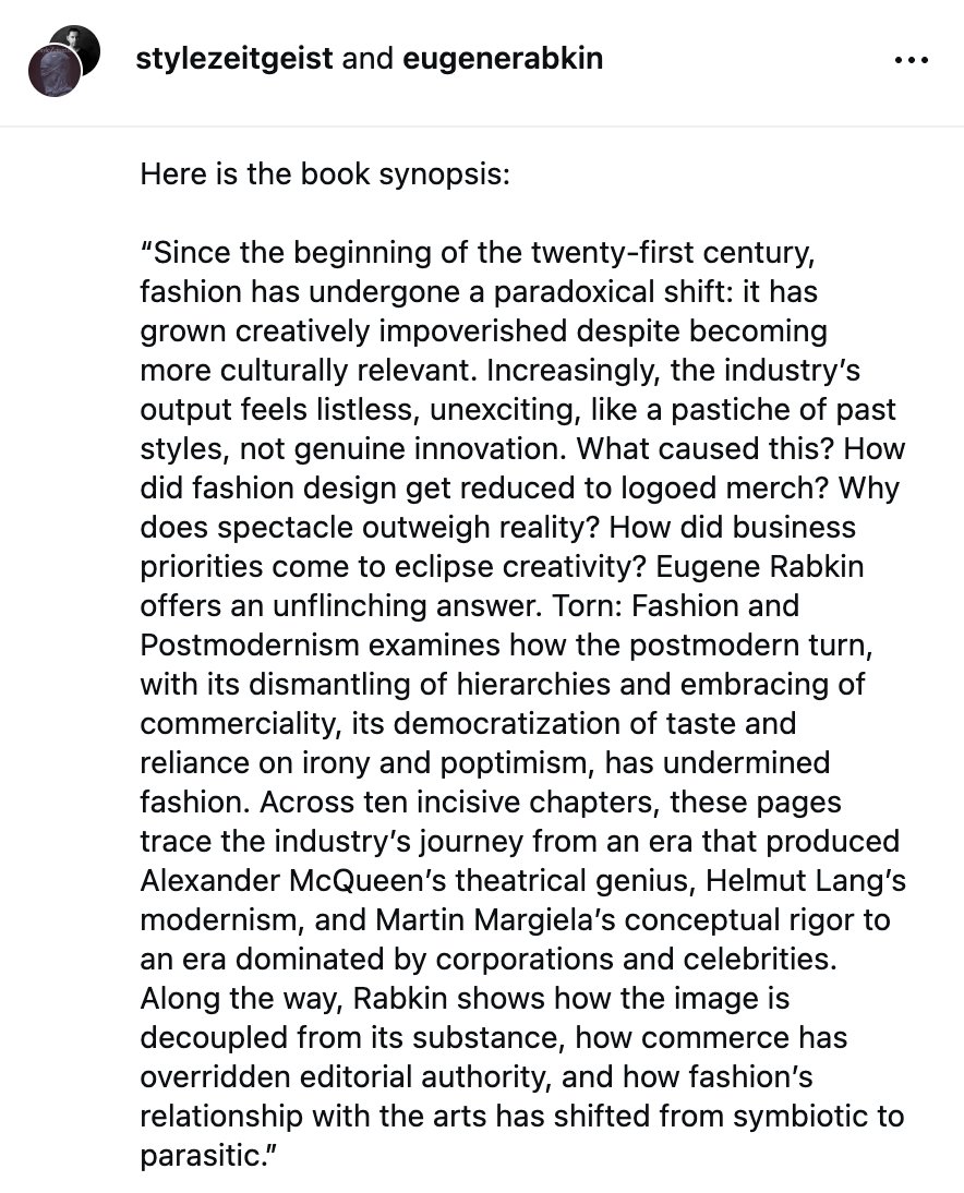 dieworkwear's tweet photo. this is why i like lemaire and rick owens. they are putting forward things they actually believe in. whereas so much of demna's work feels like a troll post. i suspect eugene rabkin's forthcoming book Torn will address this. https://t.co/4ScmjqBhNf
