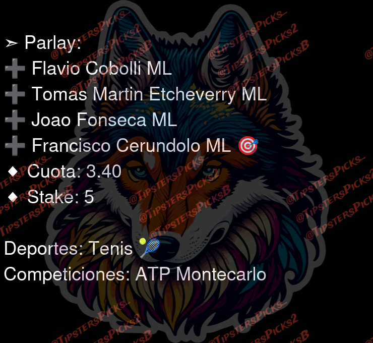 TipstersPicks_'s tweet image. Tipster: Zorrito VIP  
Cartelera de Parlays 🔥

Deportes: Tenis 🎾, Béisbol ⚾️
Competiciones: ATP Montecarlo, KBO

⚠️ Juega responsablemente.