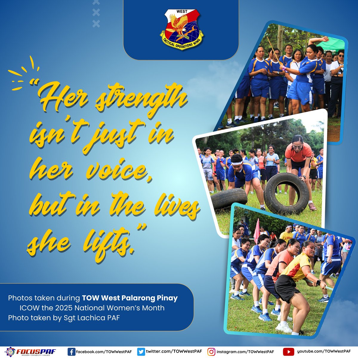 TOWWestPAF's tweet photo. “Her strength isn’t just in her voice, but in the lives she lifts.”

Photos taken during TOW West Palarong Pinay ICOW the 2025 National Women’s Month
Photo taken by Sgt Lachica PAF

#PhilippineAirForce
#TOWWEST
#QuoteoftheWeek
#HighlightOftheWeek https://t.co/Ag1U5GPTQq