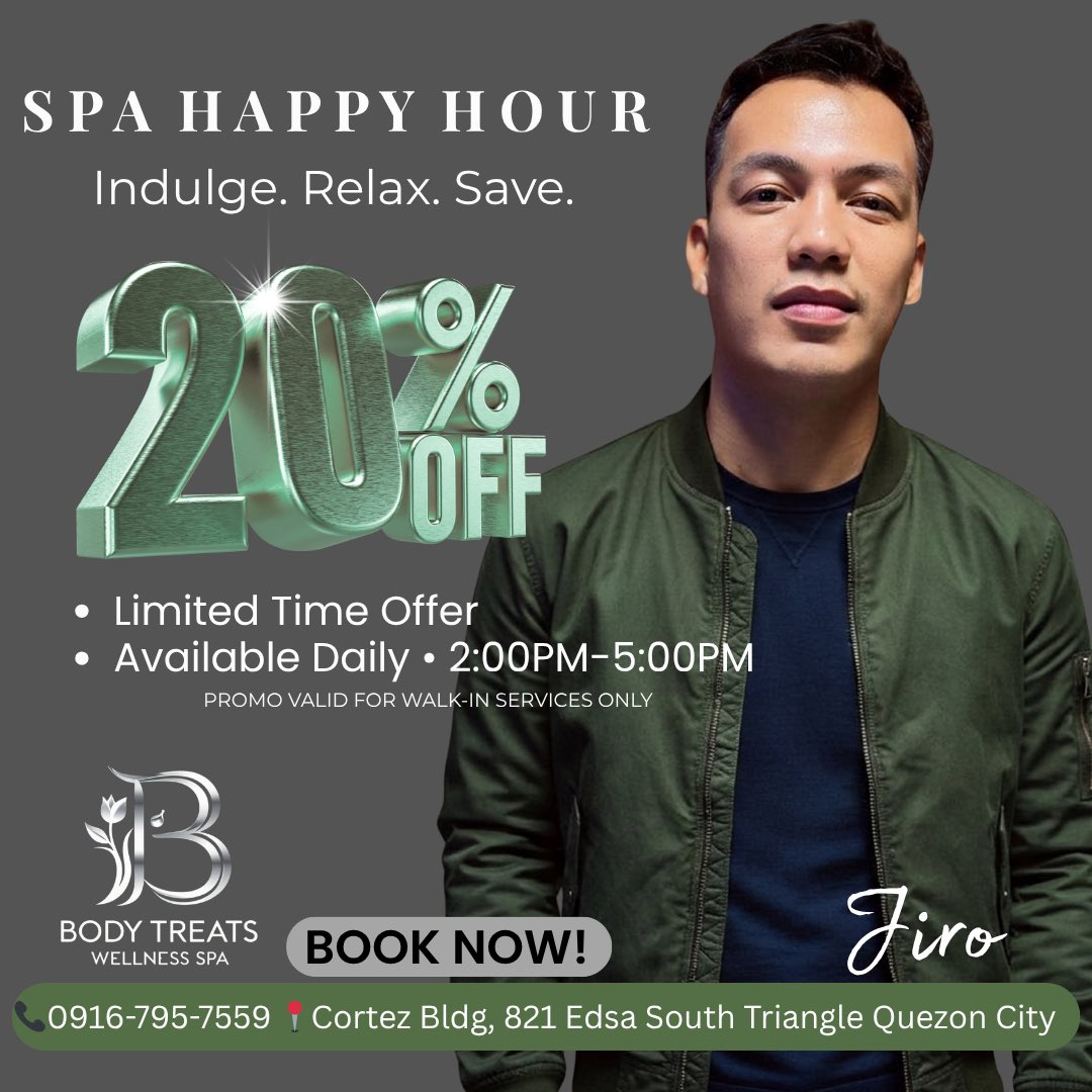 bodytreatsQC's tweet photo. Spa Happy Hour is ON this Wednesday 😉
Relax. Indulge. Save.
✨ 20% OFF for walk-in service only
⏰ 2:00 PM – 5:00 PM
Don’t miss your midweek treat—see you.
#SpaHappyHour #RelaxNow #BodyTreats https://t.co/oNGFZAJUk0