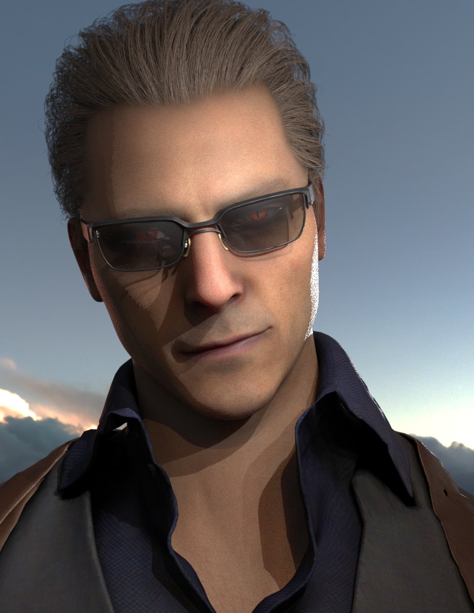 GhostfaceSimpp's tweet photo. From rough render, to full render/photoshop clean-up :3 (the focus on the lens was a bit off, but meh lmao) #wesker #re4remake #3drender https://t.co/xQ9JTDHNoP