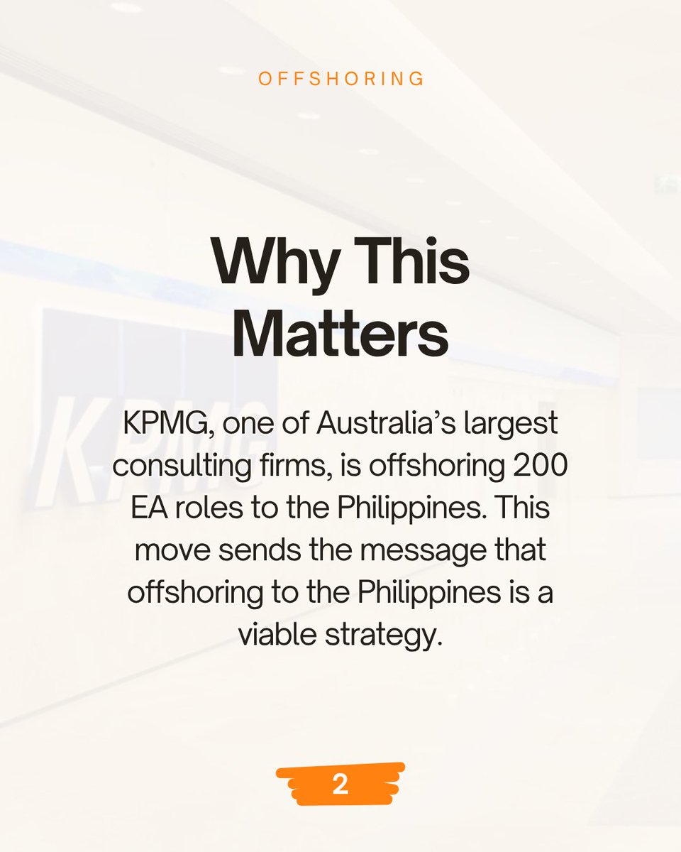 nxscale's tweet photo. KPMG just moved 200 executive assistant jobs to the Philippines.

Big Four. $2.3B revenue. And they chose offshore staffing.

If that's not a signal for Australian businesses, what is?

Build your offshore team today.

#Outsourcing #Philippines #AustralianBusiness https://t.co/INEFvuphrX