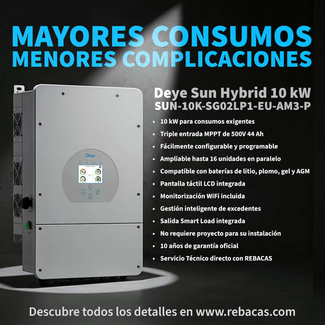 REBACAS's tweet photo. 💪 #Deye 10 kW para instalaciones exigentes
⚡ Hasta 13 kW en paneles + triple MPPT
🔋 Compatible con litio, gel y plomo
🔄 Paralelizable hasta 16 equipos
📊 WiFi incluido + control total
🛠️ 10 años de garantía REBACAS

👉 https://t.co/jVonPcfMn3

#energiasolar #autoconsumo https://t.co/kXxfUGamLu