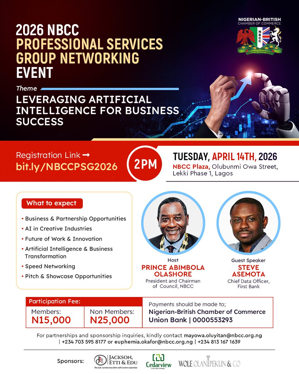 nbccng's tweet photo. Few Days to Go!!

In every season of growth, there comes a moment when the right conversation changes everything an idea is refined, a partnership is born, or a new path quietly begins to take shape. In today’s fast-evolving business landscape, those moments matter more than ever.

Under the theme “Leveraging Artificial Intelligence for Business Success,” the event opens up conversations around the future of work, innovation, and the evolving role of AI across industries.

📅 Date: Tuesday, April 14th, 2026
🕑 Time: 2:00 PM
📍 Venue: First Bank Ivory Hall, NBCC Plaza, Olubunmi Owa Street, Lekki Phase 1, Lagos.

Guest Speaker- Steve Asemota; Chief Data Officer, First Bank

Register Here: https://t.co/IKwkU64ncS

Participation:
Members – ₦15,000
Non-Members – ₦25,000
Nigerian-British Chamber of Commerce
Union Bank | 0000553293

For inquiries, sponsorship, and partnership opportunities:
Mayowa Oluyitan@nbcc.org.ng | +234 703 595 8177 or Euphemia.okafor@nbcc.org.ng | +234 813 167 1639.

#ImpactOverPosition
#NetworkingInStyle
#nbcc