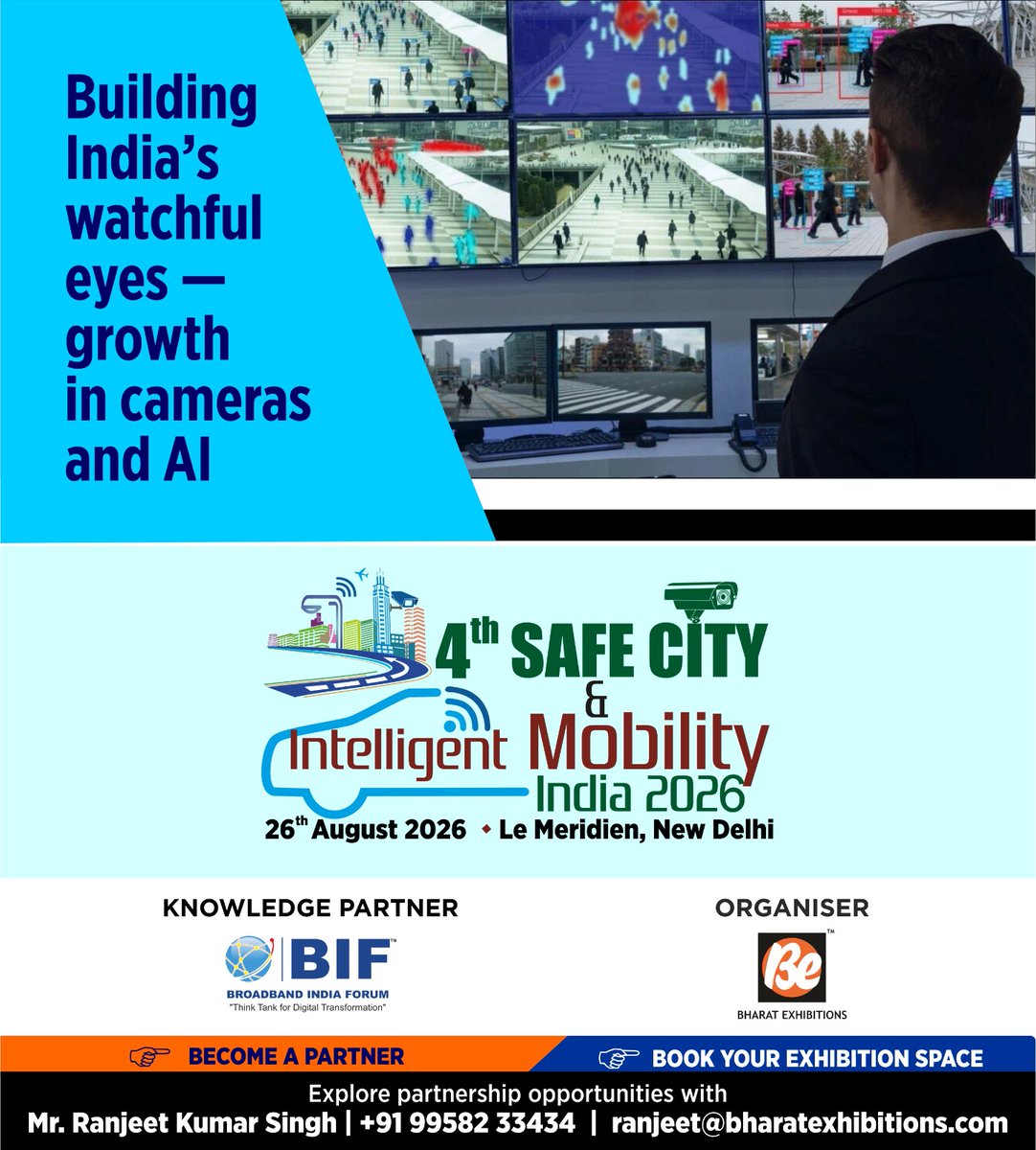 be_exhibitions's tweet photo. 🚀 Secure Your Spot in India’s Smart City Revolution
Partner. Exhibit. Network.
Unlock opportunities in AI-powered urban safety. 

#SafeCityIndia #IntelligentMobility #SmartCitiesIndia #SafeCitySummit #MobilityIndia #UrbanInnovation #DigitalIndia #FutureOfCities https://t.co/kbCNbd2quC