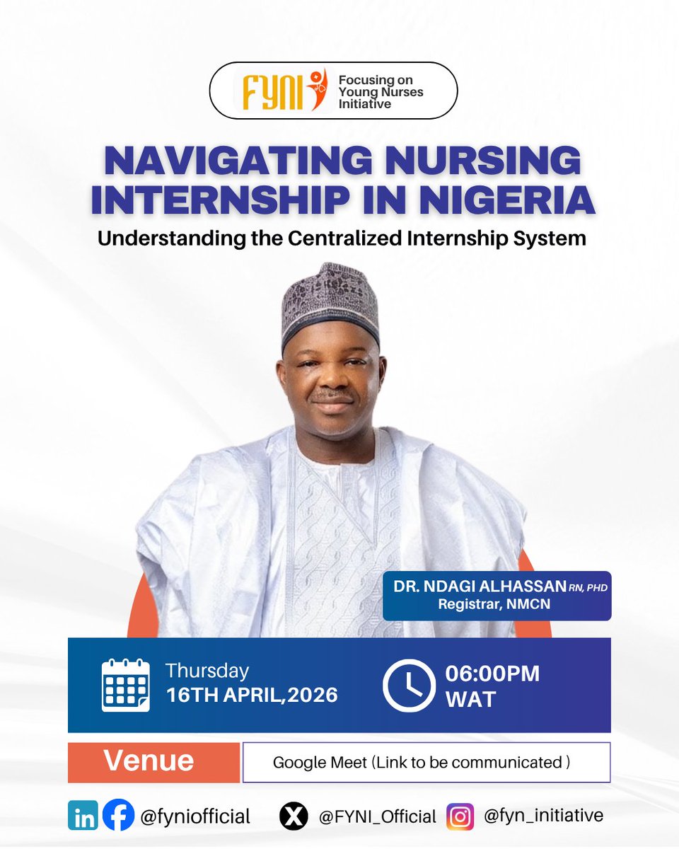Hello, X community of Nigerian Nurses, the registrar is coming to speak to us. 

<a href="/dagbananurse/">Dagbananurse</a> <a href="/FYNI_Official/">Focusing On Young Nurses Initiative</a> <a href="/meiGirma/">NurseGirma</a> <a href="/mielaryor/">Sumsum 💞💞</a>