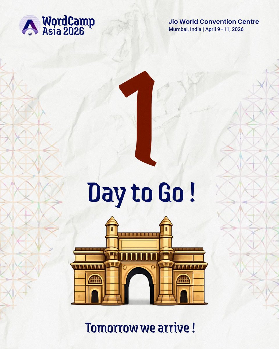 WordCampAsia's tweet photo. 1 day to go 🔥
Mumbai is ready. The WordPress world is landing.

#WordCampAsia 2026 kicks off tomorrow at Jio World Convention Centre.
Let’s build, connect, and level up 🚀

#WordPress #WebDevelopment #TechEvents https://t.co/0XaWoDMttP