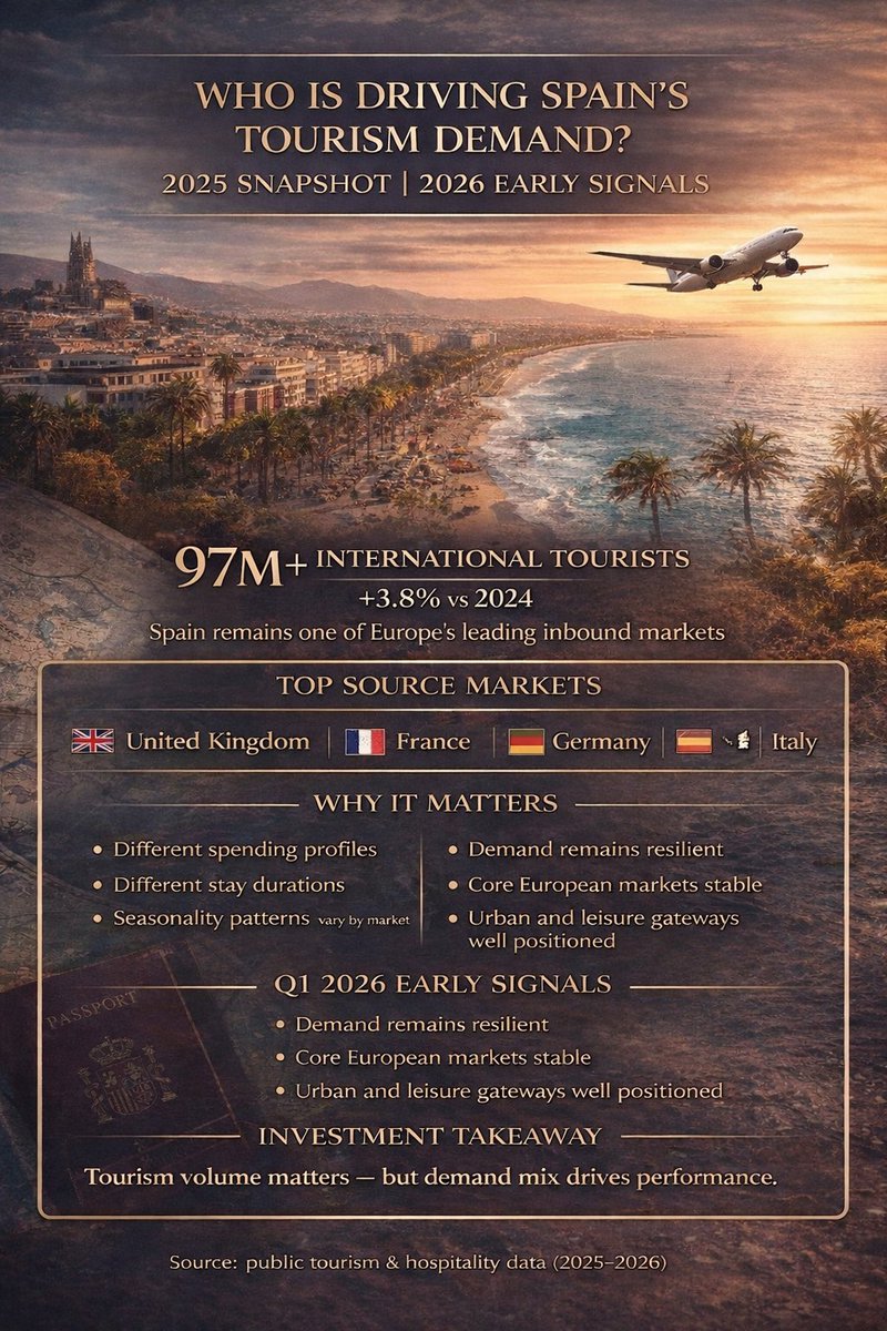 Spain ended 2025 with 97M+ international tourists (+ vs 2024).
But for hospitality, the more interesting question is not just how many arrive.
It’s:
* who is coming
* where they go
* how they spend
Because tourism volume matters, but demand mix is key.
#Hospitality #Spain #Hotels