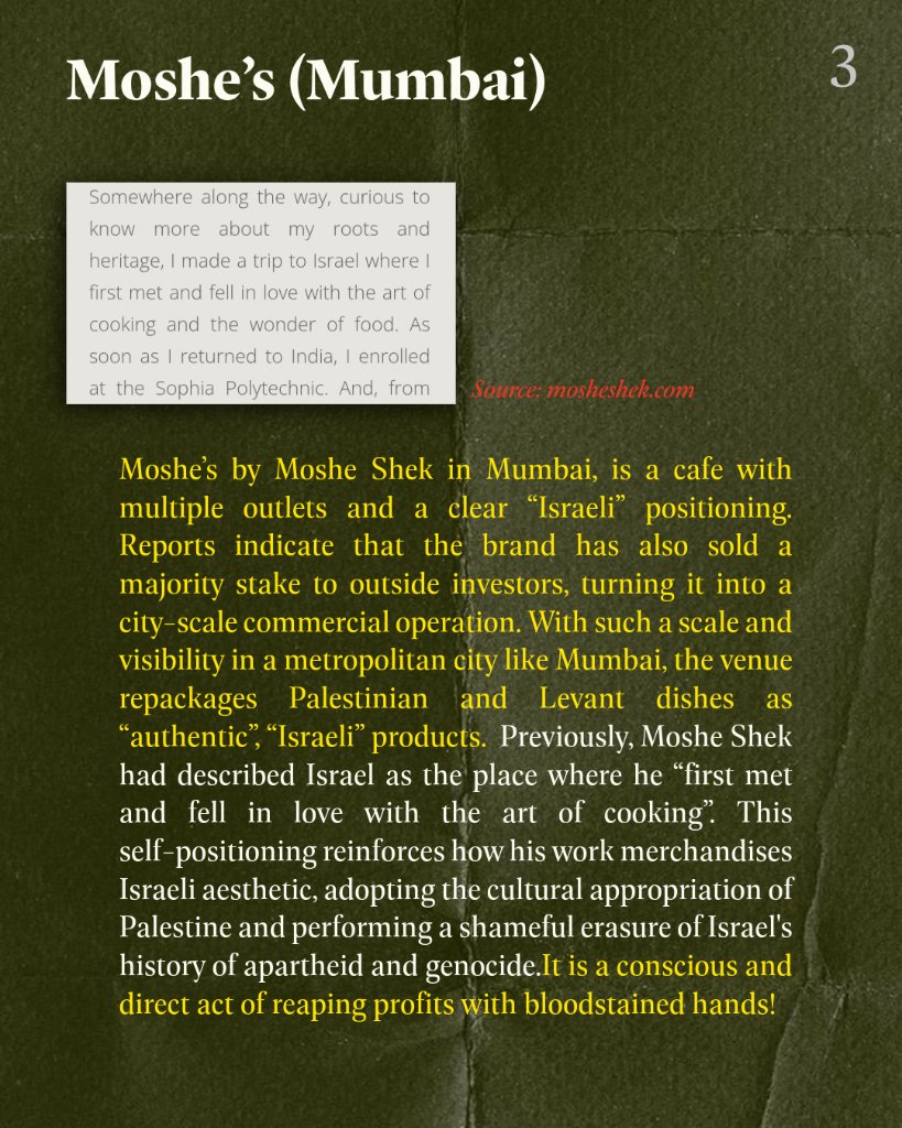 ipsp_official's tweet image. Israeli 'Cafes of Complicity' in India

Branding Erasure and Appropriation:

#Israelicafes #Boycott #BDSmovement #palestine #solidarity #indianswithpalestine #bdsinindia