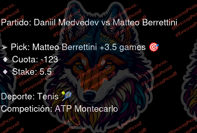 TipstersPicks_'s tweet image. Tipster: El Licenciado  
Partido: Daniil Medvedev vs Matteo Berrettini

Deporte: Tenis 🎾  
Competición: ATP Montecarlo