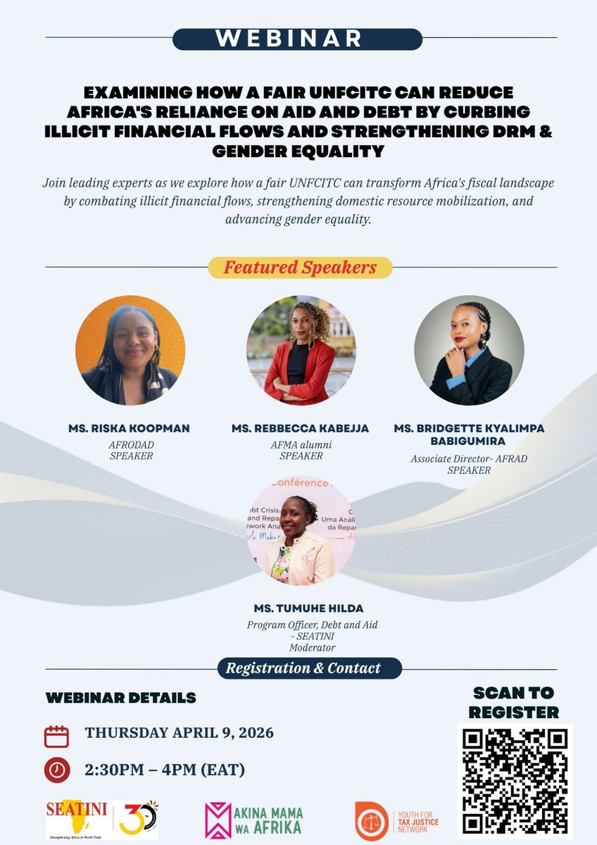 Youth_TJN's tweet image. Webinar: Examining how a fair UNFCITC can reduce Africa’s reliance on aid and debt by addressing illicit financial flows and strengthening DRM and gender equality in Africa

Africa loses billions to #IFFs as #aid shrinks &amp;amp; #debt rises. A fair #UNTaxConvention can fix it! 

Join