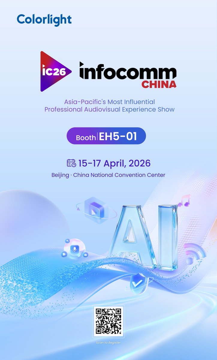 colorlightcloud's tweet image. Join Colorlight at #InfoComm China 2026—See you in Beijing!✨ 

Discover the future of display technology from April 15–17. 

📍Booth: EH5-01, Hall E
🏛️Venue: China National Convention Center, Beijing

Scan the QR code below to get your FREE pass!

#InfoCommChina2026 #Colorlight