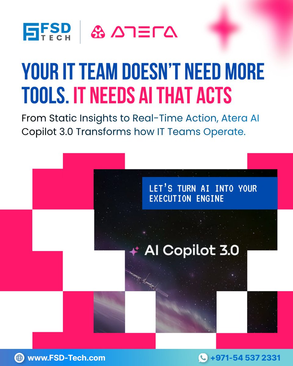 FsdTechnologies's tweet photo. Your IT team doesn’t need more tools.
It needs AI that acts.

Atera AI Copilot 3.0 shifts IT from dashboards → real-time execution.

#Atera #AICopilot #ITAutomation #AI https://t.co/jm3xdmrkA3