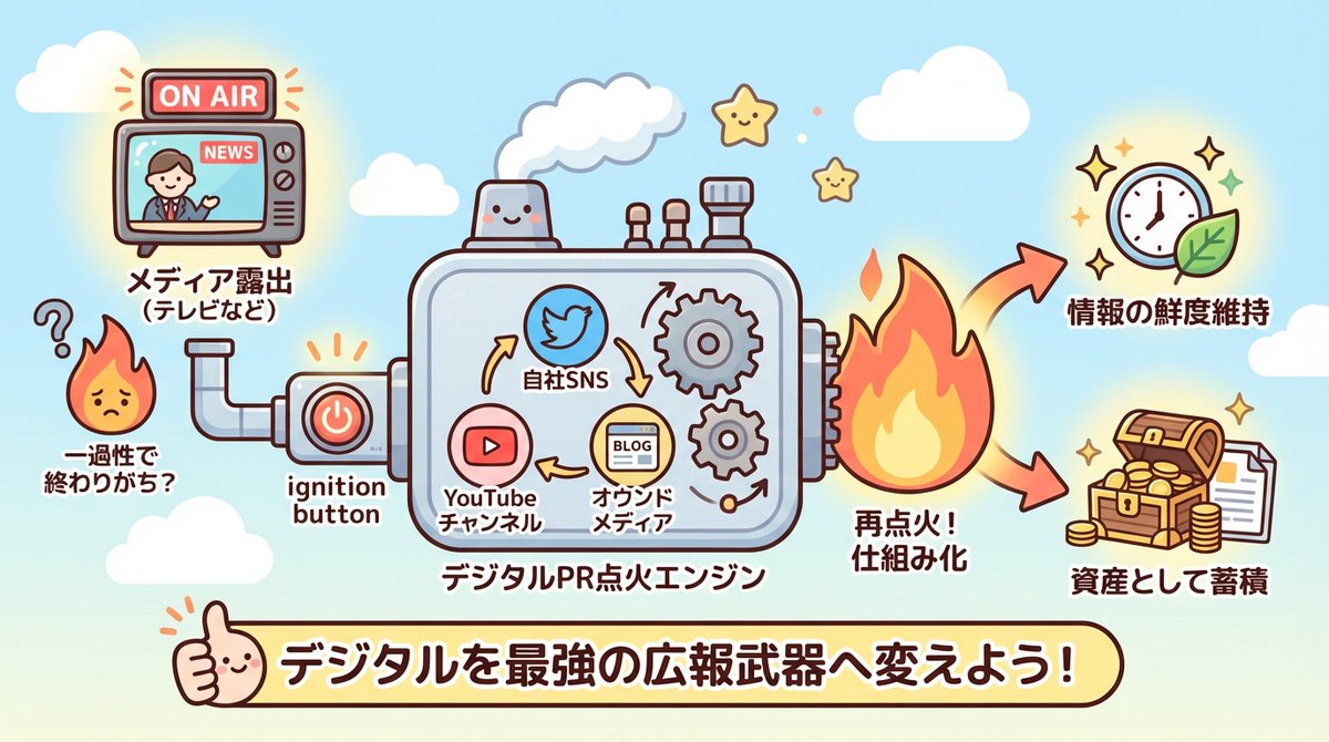 Frontier_C's tweet photo. メディア露出は「出しっぱなし」厳禁。
SNSやYouTubeを活用し、情報を自ら「再点火」させる仕組みが重要です。メディア露出とSNSの拡散力、この両輪を回せば、情報は一過性で終わらず資産になります。デジタルを広報の最強の武器に変えましょう！具体的な相談はプロフから✨ #広報 #デジタルPR https://t.co/RHcDPRep6i