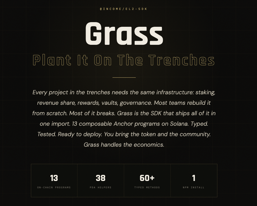 IncomeSolana2's tweet image. FOR BUILDERS

Introducing 🌱GRASS SDK: the $INCOME Ecosystem development kit to enable you and your communities to improve and expand on your reward / participation activities.

It's time to plant GRASS on the trenches.

Criteria:
~ Use your token: Stake $INCOME for access (you
