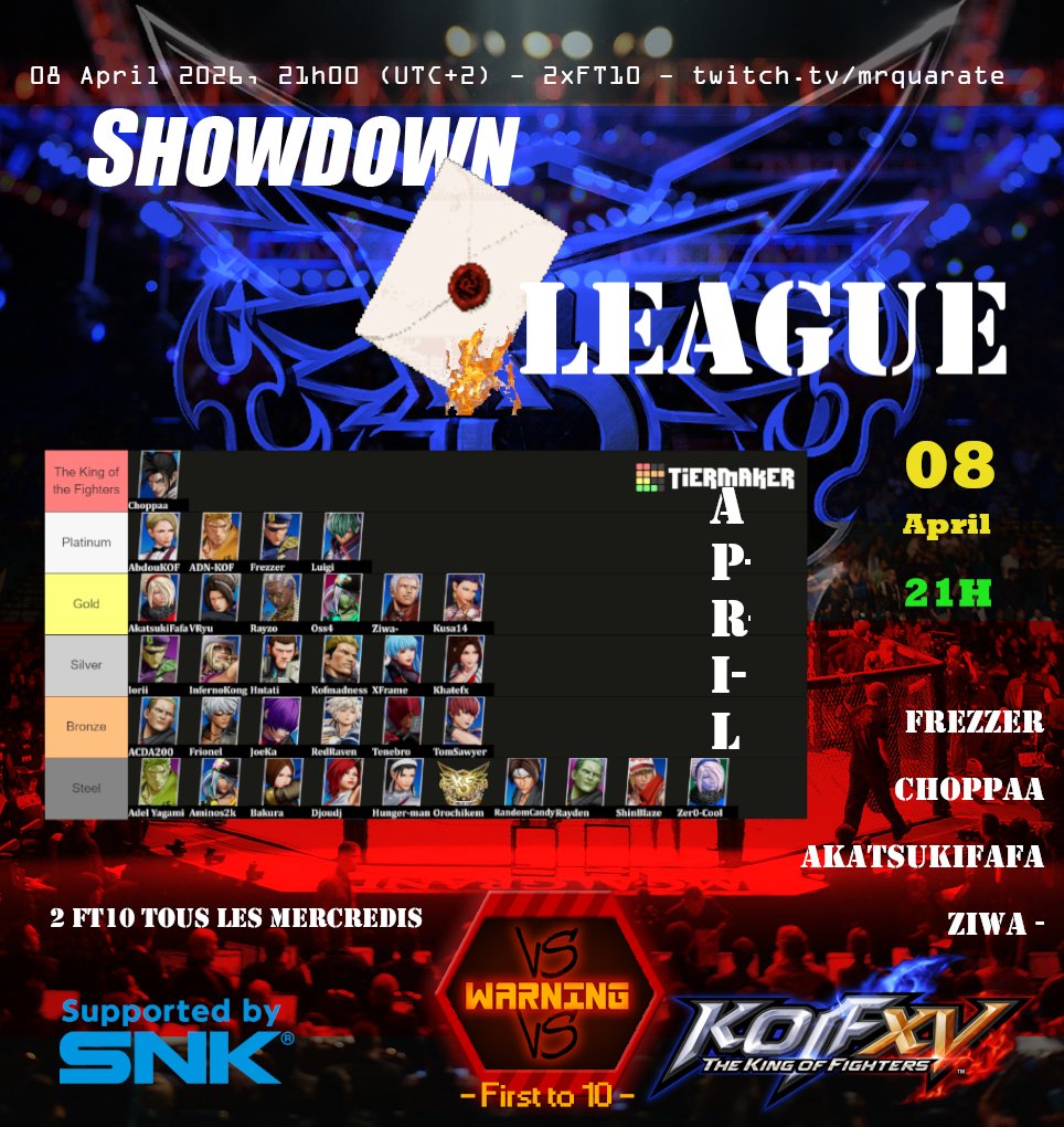 eMRaistlin's tweet photo. The Showdown League has started its April' session.

Here's the schedule for tonight's show :

Gold match : ziwa vs akatsukifafa 

Platinum match : @Choppaa_7  vs @FRZ1X  

To be followed on https://t.co/HvvDksW808 at from 21h French time.

#KOFXV #FT10 #ShowdownLeague https://t.co/zgTz3dajvG