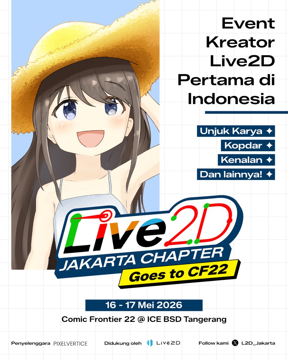 L2D_Jakarta's tweet image. Event komunitas Live2D pertama akhirnya hadir di Indonesia!
Kenalan dulu yuk sama tim penyelenggara dan tujuan dari acara ini 👋

Live2D Jakarta Chapter - Goes to CF22
📆16-17 Mei 2026
📍ICE BSD Tangerang

#Live2D_JakartaCF22