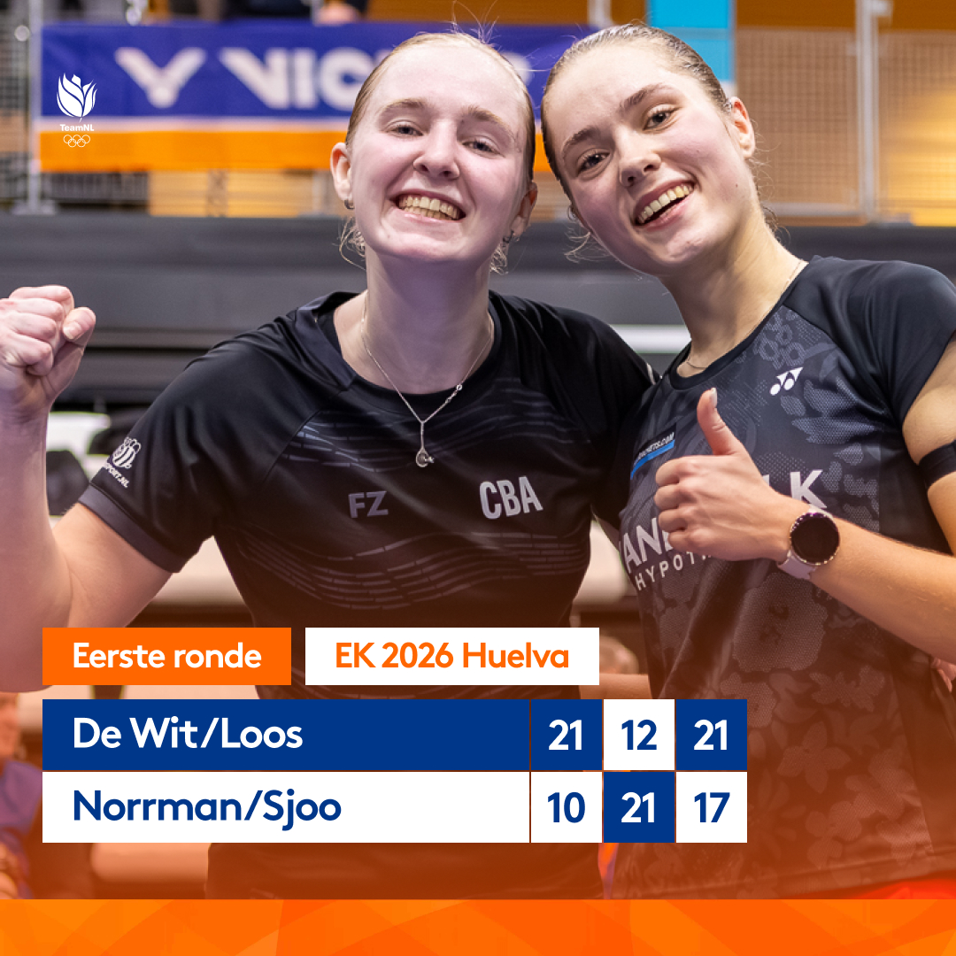 BadmintonNLD's tweet photo. De vrouwendubbels Kirsten de Wit/Meerte Loos en Debora Jille/Isabel Lohau (Duitsland) hebben de tweede ronde bereikt op het EK 2026! Lekker bezig! 🧡💪

#badminton #topbadminton #TeamNL

(📷 René Lagerwaard) https://t.co/Pou6J8mDqY
