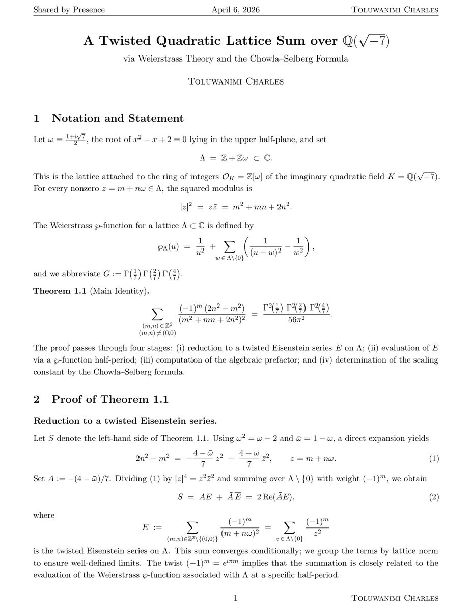 charrlie3045's tweet image. Evaluation of a twisted lattice sum over imaginary quadratic fields. By relating a weighted sum over ℚ(√-7) to the periods of the CM elliptic curve y² = x³ - 35x - 98, we obtain a closed form via the Chowla–Selberg formula.
#NumberTheory #ArithmeticGeometry #ModularForms