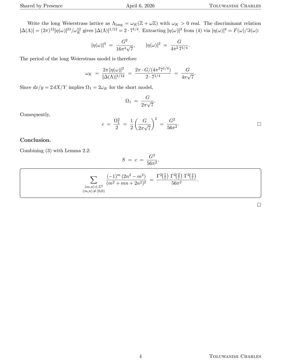 charrlie3045's tweet image. Evaluation of a twisted lattice sum over imaginary quadratic fields. By relating a weighted sum over ℚ(√-7) to the periods of the CM elliptic curve y² = x³ - 35x - 98, we obtain a closed form via the Chowla–Selberg formula.
#NumberTheory #ArithmeticGeometry #ModularForms