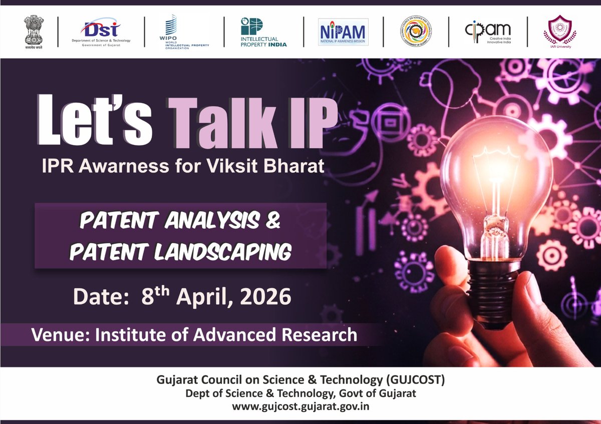 DipenVBrahmbhat's tweet photo. 📢 Join Us: Let’s Talk IP – April Session!
 Patent Analysis &amp; Patent Landscaping 🔍
⚡ Analyze. Innovate. Dominate.
 🧠IPR Today for Viksit Bharat 🇮🇳!
🎥 Live from 2:30 PM
▶️ YouTube: https://t.co/dtn345lAAs
#LetsTalkIP #IPR #PatentAnalysis #InnovationIndia #ViksitBharat #IPFC https://t.co/vFJxcDImxC