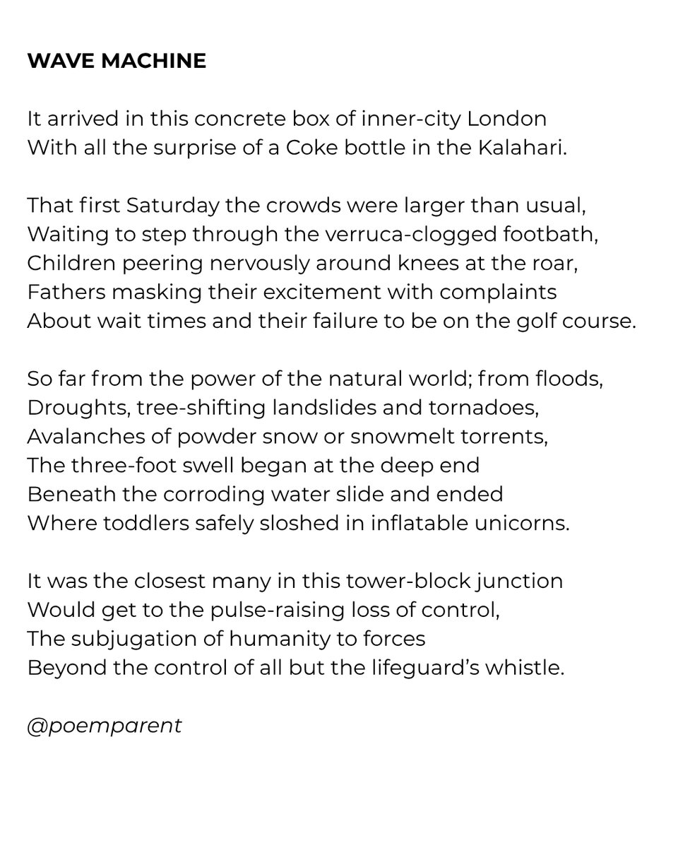 poemparent's tweet image. It was utterly thrilling let's be honest with you. 

#swimmingpool #wavemachine #swimmingbaths #brentfordfountain #leisurecentre #brentford #makingwaves
#poemaday #dailypoem #poetry #poem #dailypost