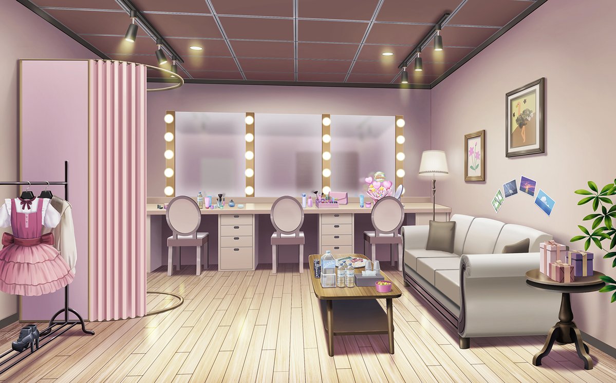 海外の楽屋を描いてみました。
小物をたくさん描いて賑やかな感じを表現しました。
女の子たちがワイワイ楽しく話している空間にしたいと思いながら描きました。

こちらの背景ブースにて販売中です。

＃背景　＃背景美術