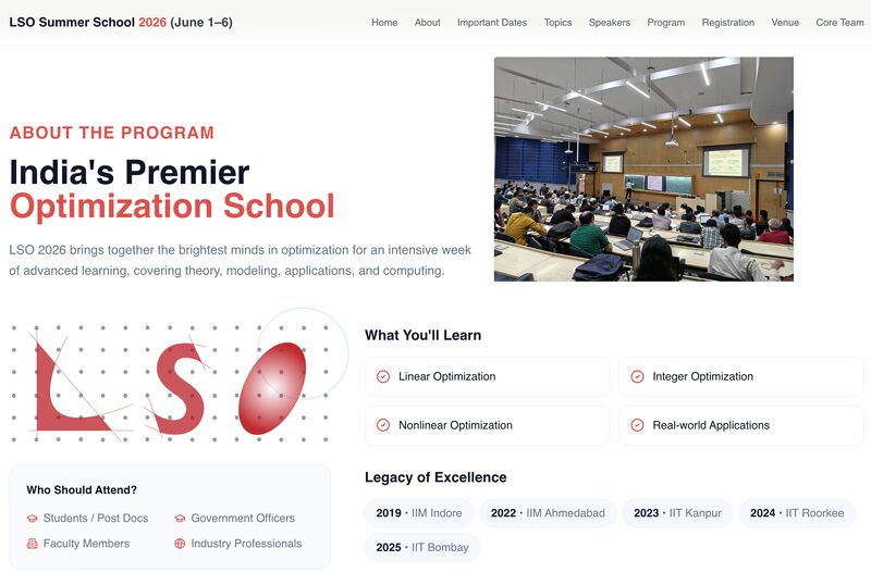 iitdelhi's tweet image. #IITDelhi is hosting the 6th edition of the Large Scale Optimization (LSO) #SummerSchool in June 2026. LSO is India’s premier optimization school, conducted by leading faculty members from IITs and IIMs. 

Join us for an intensive week of advanced learning in optimization,