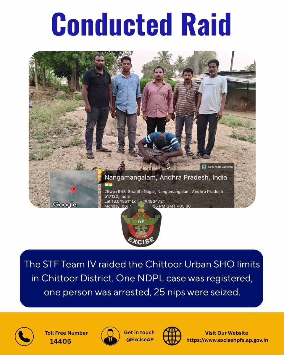 exciseAP's tweet image. 🚨 Enforcement Action in Chittoor

STF Team IV conducted a raid in Chittoor Urban SHO limits, resulting in the registration of one NDPL case, arrest of one individual, and seizure of 25 nips.

#STF #ExciseEnforcement #Chittoor #LawAndOrder #ActionTaken