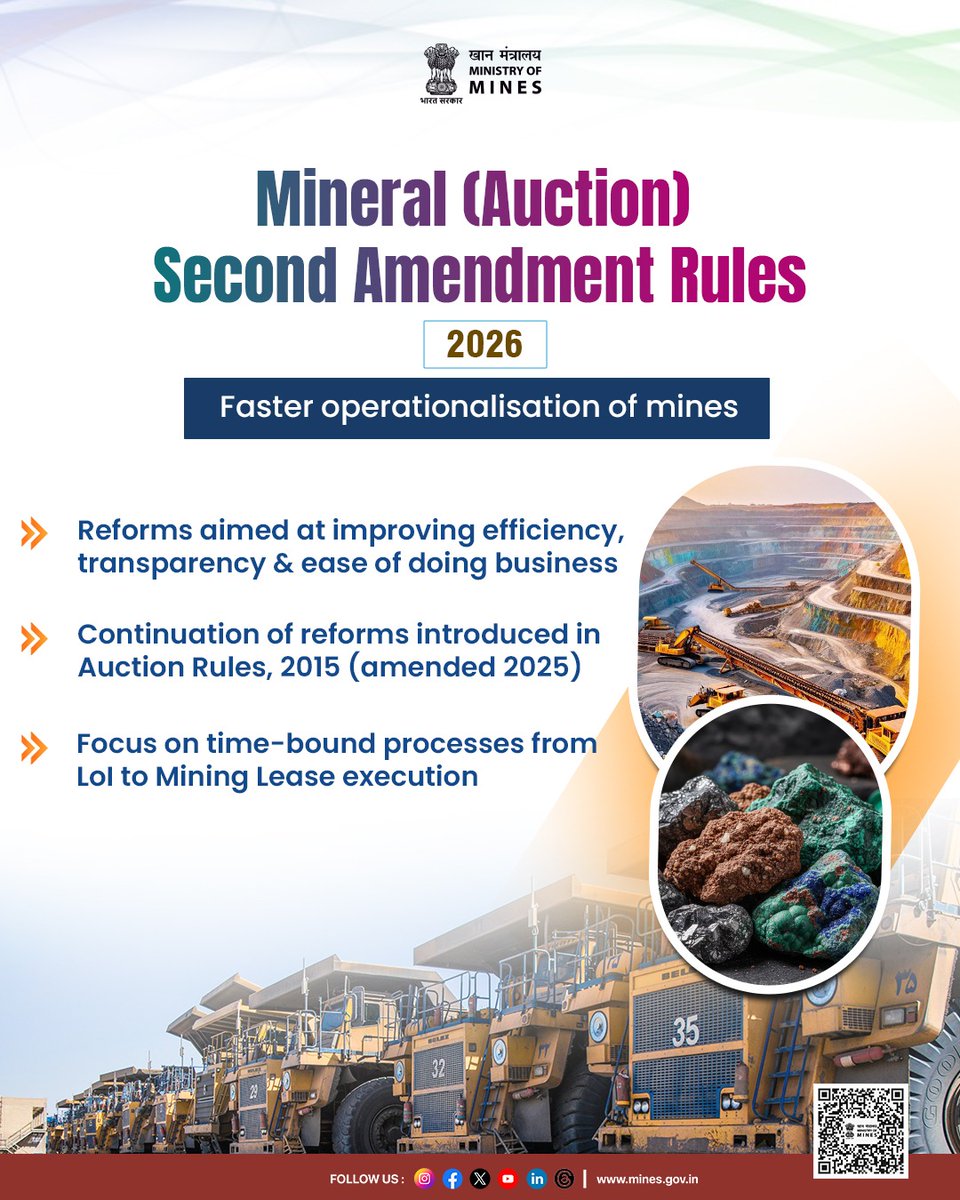 MinesMinIndia's tweet image. Ministry of Mines Notifies Mineral (Auction) Second Amendment Rules, 2026 for Faster Operationalization of Mines and Improving Ease of Doing Business in the Mining Sector.

Key Highlights :
✅Allowed exclusion of non-feasible portion of mining block
✅Introduction of Unified