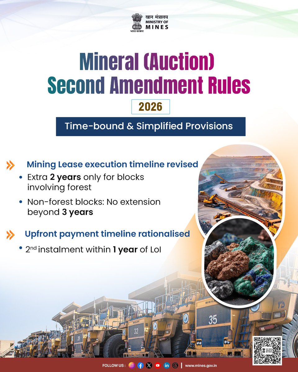 MinesMinIndia's tweet image. Ministry of Mines Notifies Mineral (Auction) Second Amendment Rules, 2026 for Faster Operationalization of Mines and Improving Ease of Doing Business in the Mining Sector.

Key Highlights :
✅Allowed exclusion of non-feasible portion of mining block
✅Introduction of Unified