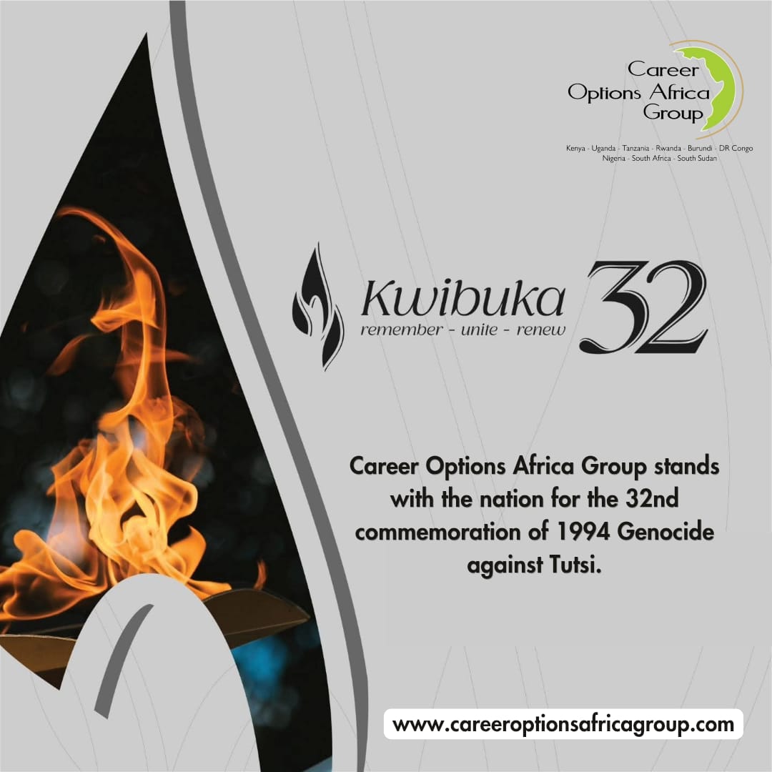 COAGLtd's tweet photo. Kwibuka 32 – Remember. Unite. Renew.
 Career Options Africa Ltd-Rwanda stands with the nation in remembering the 1994 Genocide against the Tutsi, honoring lives lost and promoting peace and unity.
#Kwibuka32 #NeverForget #Unity https://t.co/9mwyatAcLP