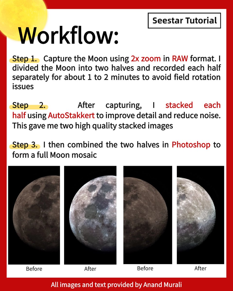 Seestar_astro's tweet image. Artemis II is back on the Moon 🌕🚀
But have you captured it like THIS? 👀

Tutorial time!
Huge thanks to Anand Murali for sharing his workflow—
creating stunning lunar mosaics and mineral Moon images with the Seestar S50 ✨

#NASA #astronomy #moon #Artemis #ArtemisII #seestar