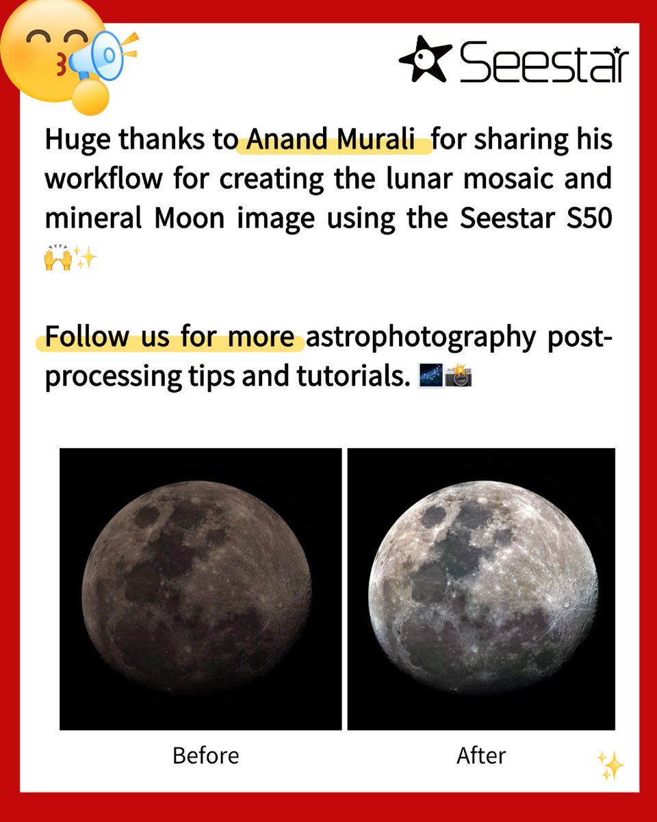 Seestar_astro's tweet image. Artemis II is back on the Moon 🌕🚀
But have you captured it like THIS? 👀

Tutorial time!
Huge thanks to Anand Murali for sharing his workflow—
creating stunning lunar mosaics and mineral Moon images with the Seestar S50 ✨

#NASA #astronomy #moon #Artemis #ArtemisII #seestar