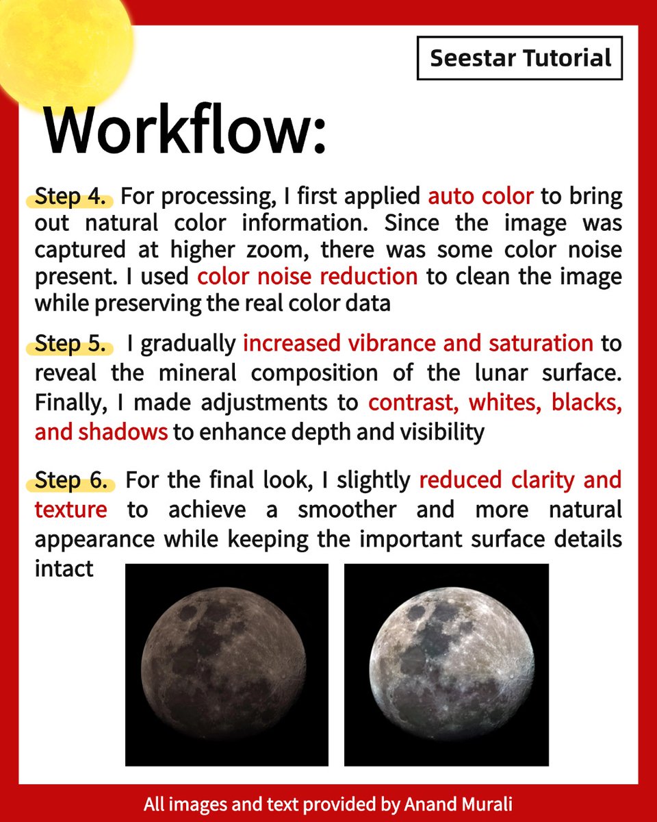 Seestar_astro's tweet image. Artemis II is back on the Moon 🌕🚀
But have you captured it like THIS? 👀

Tutorial time!
Huge thanks to Anand Murali for sharing his workflow—
creating stunning lunar mosaics and mineral Moon images with the Seestar S50 ✨

#NASA #astronomy #moon #Artemis #ArtemisII #seestar
