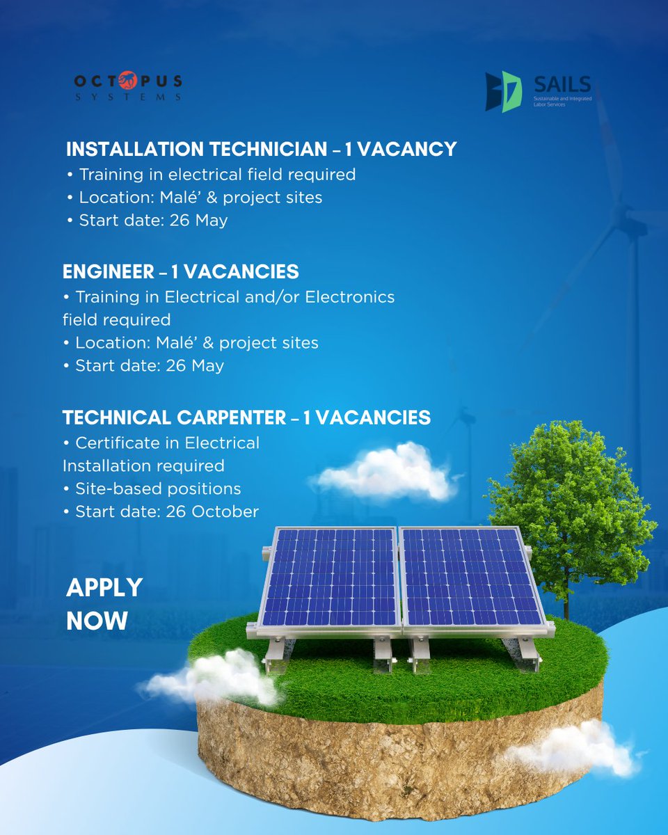 SAILSProjectmv's tweet photo. Job Vacancies Available – Sustainable Sector⚡
Octopus Systems Pvt Ltd, in partnership with the SAILS Project, is creating exciting employment opportunities in the sustainable sector. 
💡 Don’t miss this opportunity to build your career! 
https://t.co/EABsXDLBbR https://t.co/MNDNBs10fj