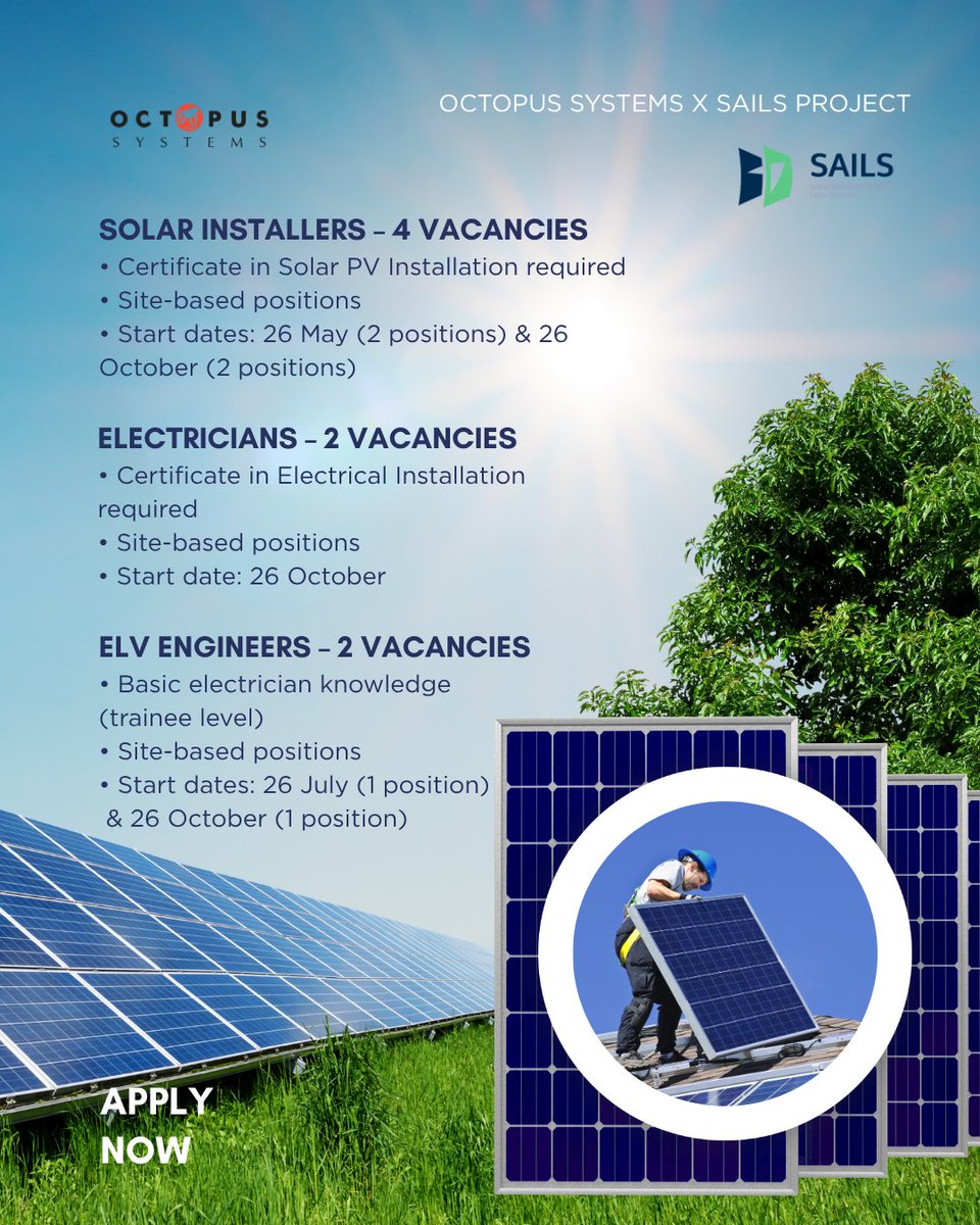 SAILSProjectmv's tweet photo. Job Vacancies Available – Sustainable Sector⚡
Octopus Systems Pvt Ltd, in partnership with the SAILS Project, is creating exciting employment opportunities in the sustainable sector. 
💡 Don’t miss this opportunity to build your career! 
https://t.co/EABsXDLBbR https://t.co/MNDNBs10fj