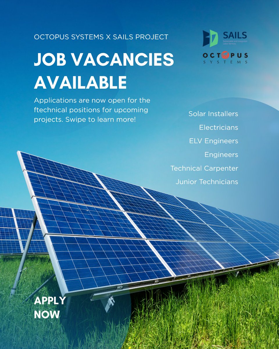 SAILSProjectmv's tweet photo. Job Vacancies Available – Sustainable Sector⚡
Octopus Systems Pvt Ltd, in partnership with the SAILS Project, is creating exciting employment opportunities in the sustainable sector. 
💡 Don’t miss this opportunity to build your career! 
https://t.co/EABsXDLBbR https://t.co/MNDNBs10fj