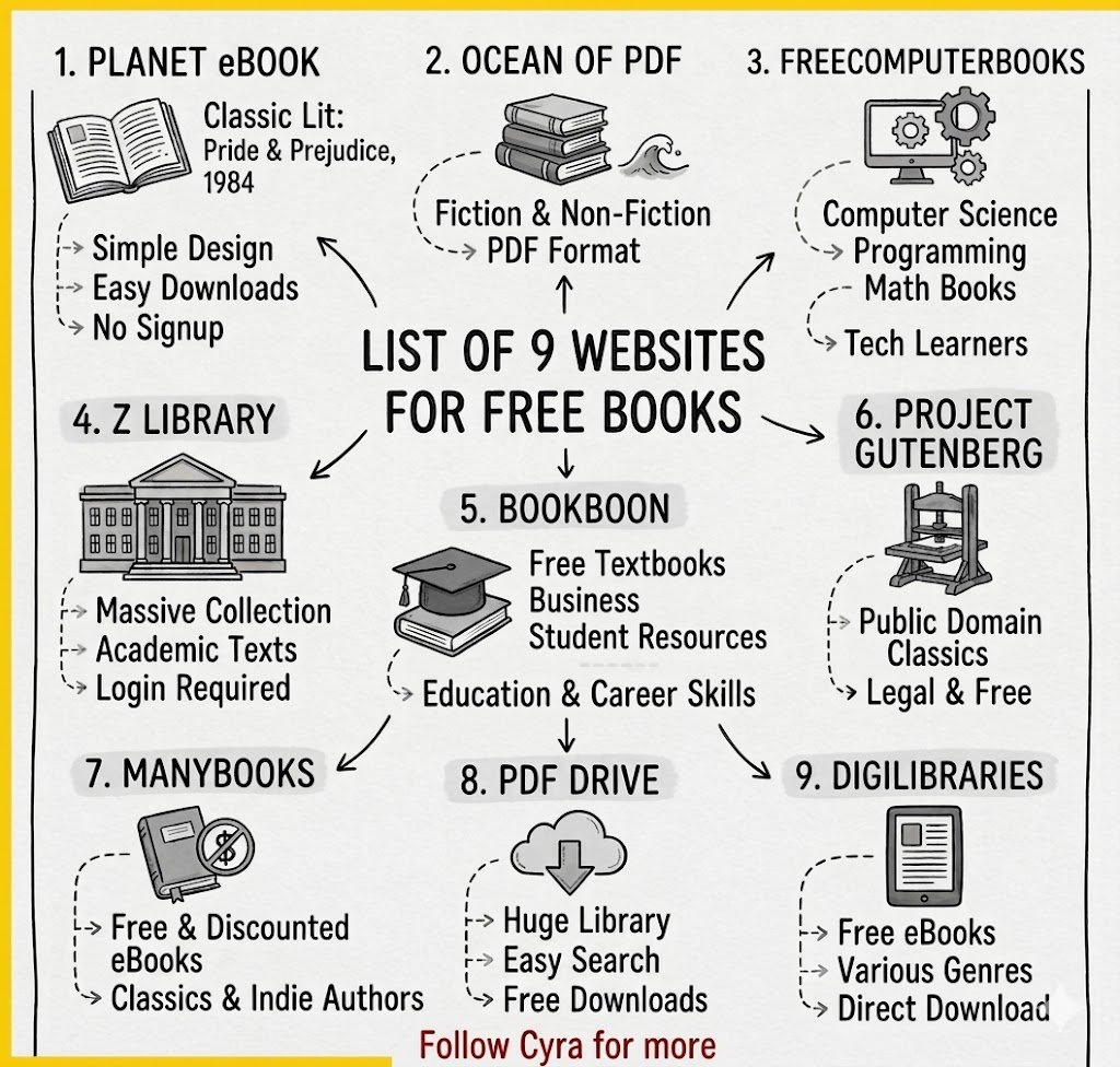 tech_cyra's tweet image. List of 9 websites where you can download unlimited books for free:

1. Internet Archive
2. DigiLibraries .com
3. ManyBooks .net
4. FreeComputerBooks
5. Standard Ebooks
6. LibriVox .org
7. Gutenberg .org
8. OpenLibrary .org
9. BookBoon .com
