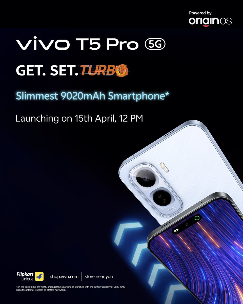 TechDekhoji's tweet photo. Block the date 🚨
vivoT5Pro launching on 15th April 2026

- Snapdragon 7s Gen 4 processor
- 9020 mAh battery
- 1.5K AMOLED display
- Android 16 OriginOS 

 #GetSetTurbo #TurboLife #vivoSeries https://t.co/LaVu8GacoL