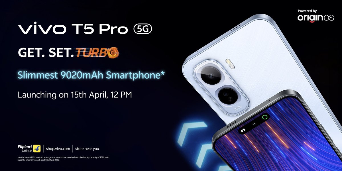 TechDekhoji's tweet photo. Block the date 🚨
vivoT5Pro launching on 15th April 2026

- Snapdragon 7s Gen 4 processor
- 9020 mAh battery
- 1.5K AMOLED display
- Android 16 OriginOS 

 #GetSetTurbo #TurboLife #vivoSeries https://t.co/LaVu8GacoL