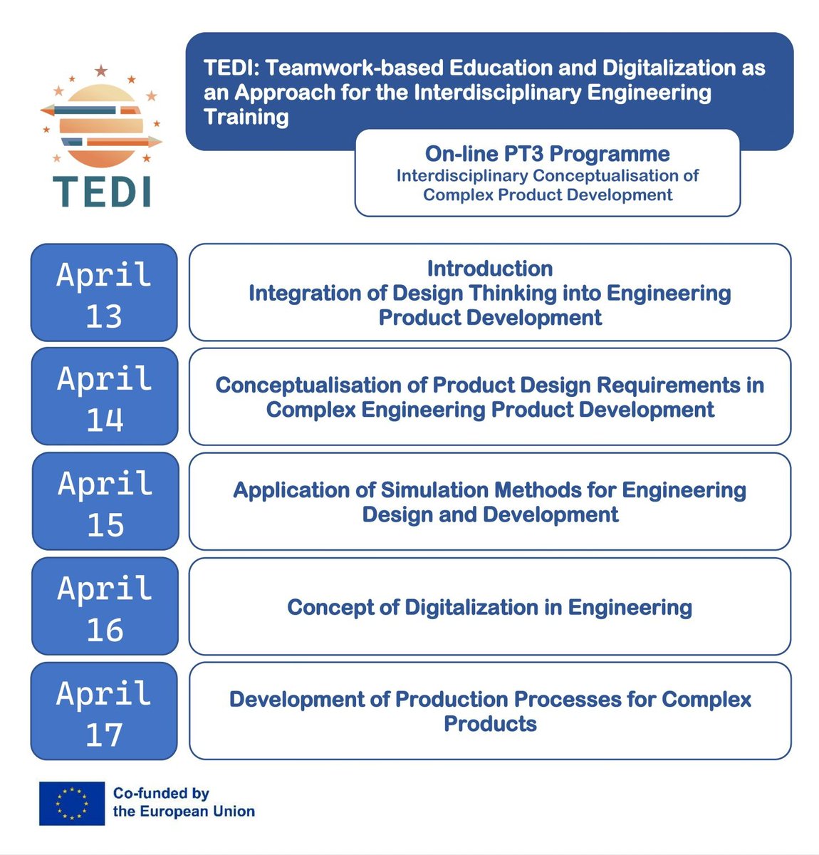 TEDI_PROJECT's tweet photo. 🚀 TEDI PT3 online training is starting! International student teams will meet online on April 13 and collaborate during the week. Afterwards, they will continue onsite, transforming ideas into practical, real-world solutions and outcomes. https://t.co/sBRAJ3j2rF