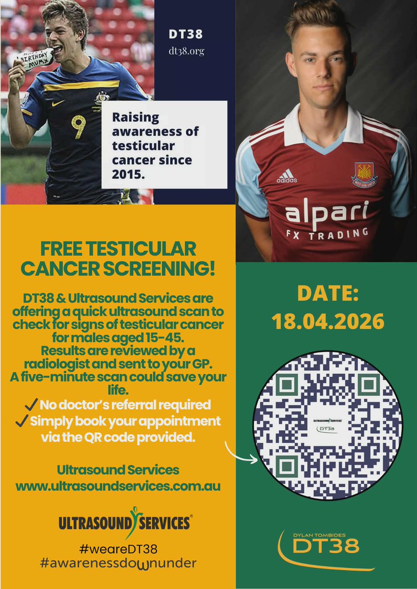 Dylantombides's tweet image. *IMPORTANT - 10 DAYS TO GO*

If you fit the criteria &amp;amp; live in the area, book now!

FREE #testicularcancer screening with DT38 &amp;amp; Ultrasound Services.

18.04.2026 - the 12th anniversary of Dylan Tombides' passing.

#WeAreDT38  #Charity #SelfChecking #AwarenessDownUnder