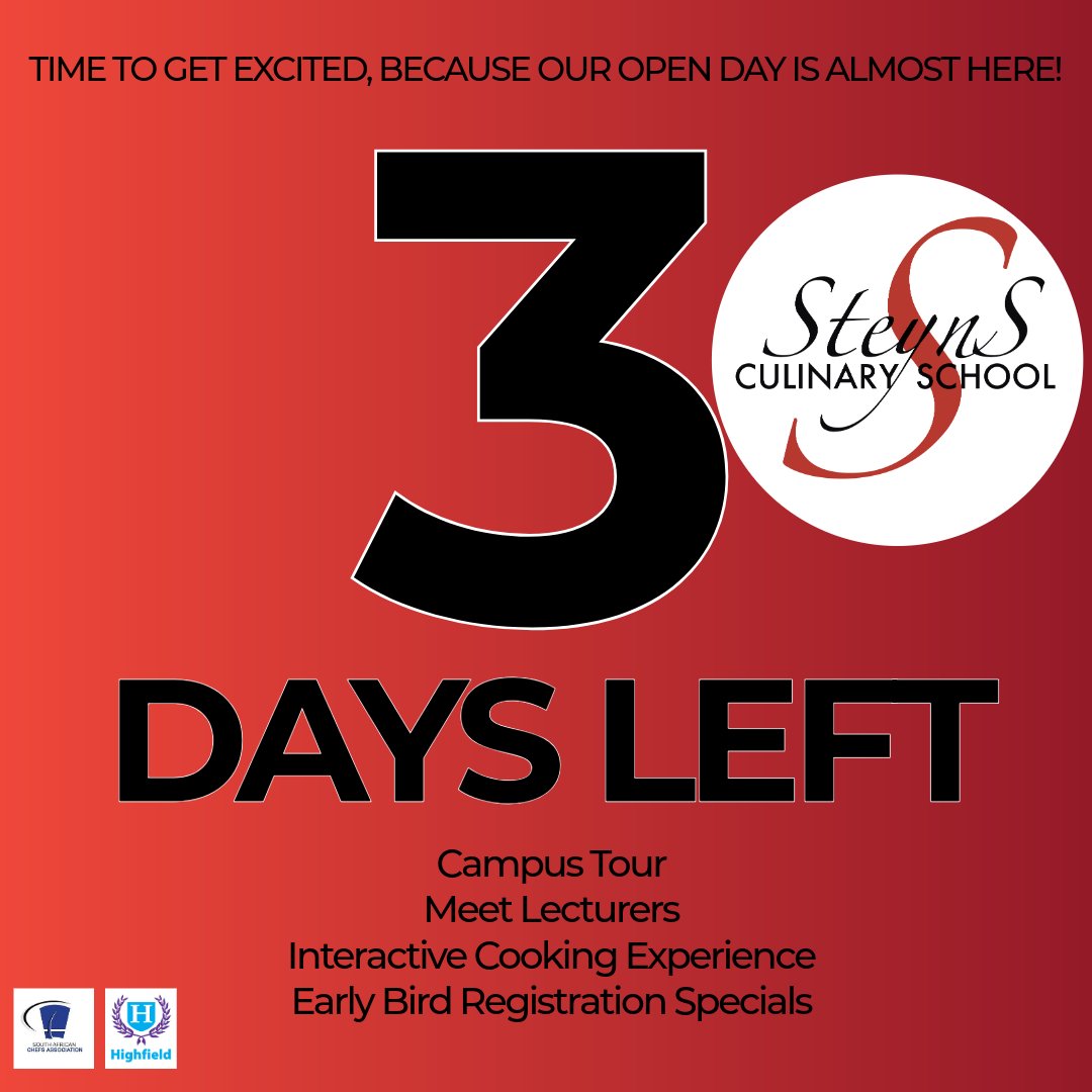 SteynsCS's tweet photo. FINAL CALL: SCS Open Day – 11 April | 09:00–13:00
Hatfield, Pretoria
Ready to become a chef? 👨‍🍳
Tour, meet chefs &amp; secure your July intake spot.
💥 Register by 30 May = 10% OFF

Don’t miss out. Register now.
#OpenDay #BecomeAChef https://t.co/wH1MoNiTEo