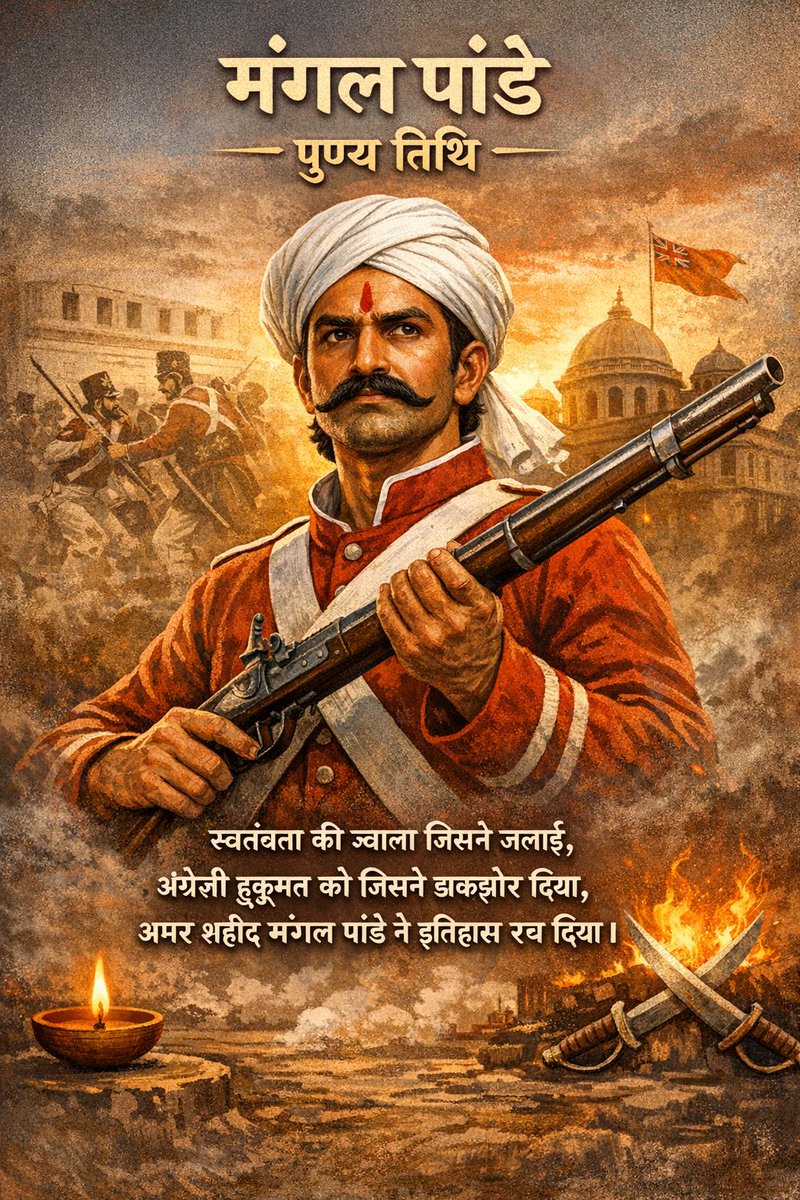 भारती की स्वाधीनता धर्म की रक्षा और धरा की गरिमा हेतु उनका सर्वोच्च बलिदान स्वतंत्रता की चेतना का प्रथम शंखनाद था उनकी अमर क्रांति-ज्योति युगों तक हर भारतीय हृदय में राष्ट्रसेवा का दीप जलाती रहेगी
प्रथम स्वतंत्रता संग्राम अमर बलिदानी मंगल पांडे जी की पुण्यतिथि पर शत्-शत् नमन🙏